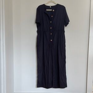 100% Linen Navy Blue Short Sleeve Jumpsuit Sz L